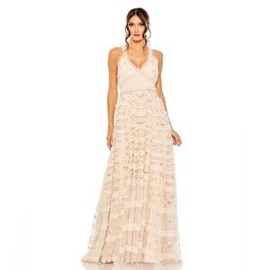 Mac Duggal 8037 NWT CROSS BACK SMOCK WAIST FLORAL EMBROIDERED GOWN